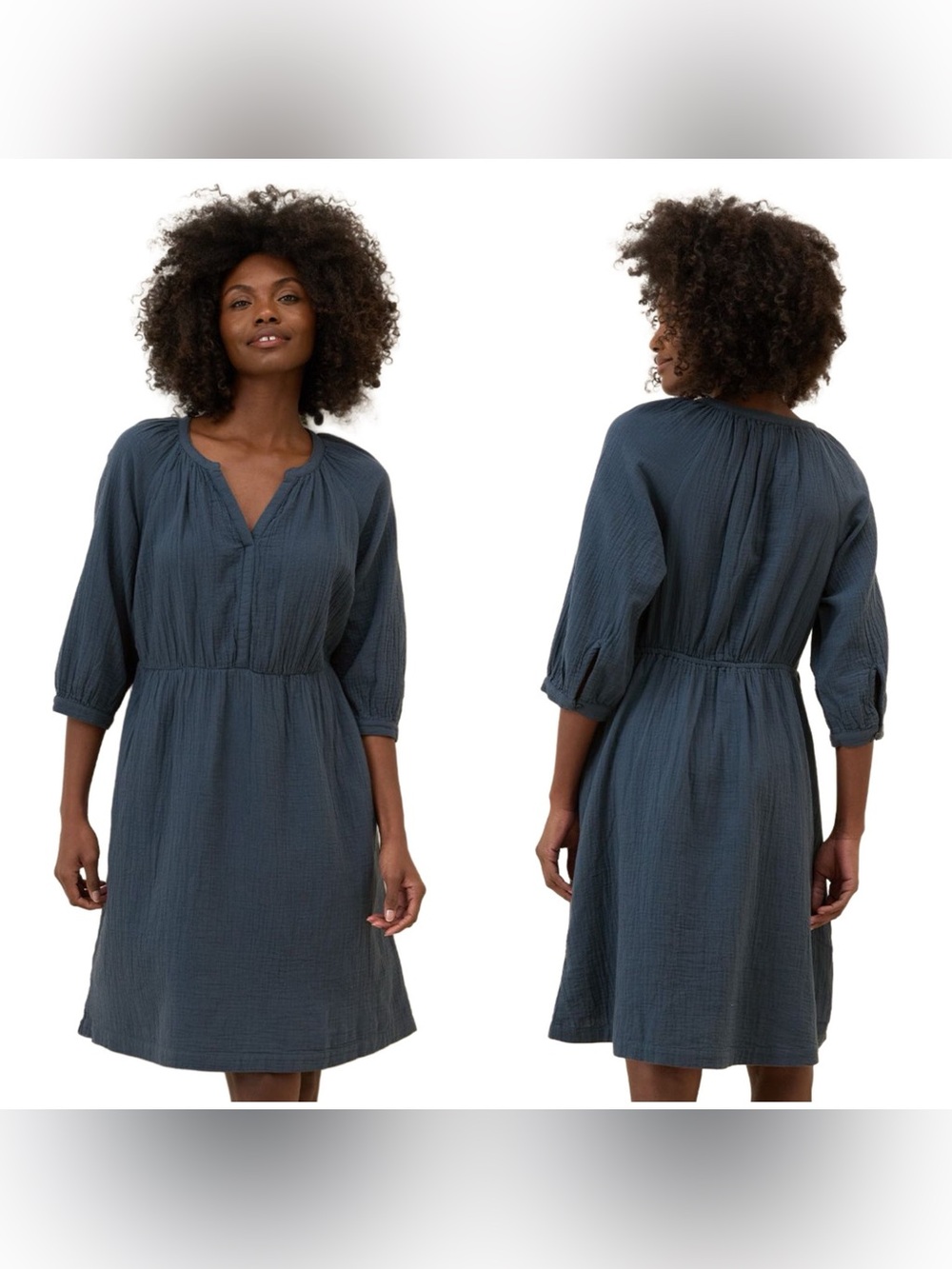 $98 Pact Organic Cotton Double Gauze V-neck 3/4 Sleeves Coastal Peasant Dress XL
